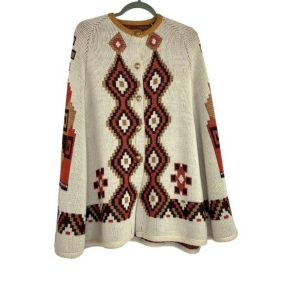 Vintage Knit 1970’s Latin Poncho Button Front Aztec Cape - Picture 1 of 7